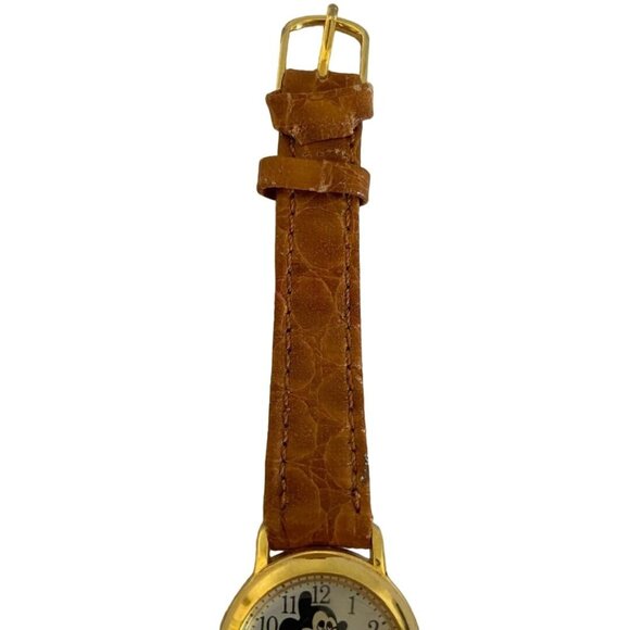 Vintage Mickey Mouse Gold Plated Sticking Out Tongue Watch 2035-21 Leather Band